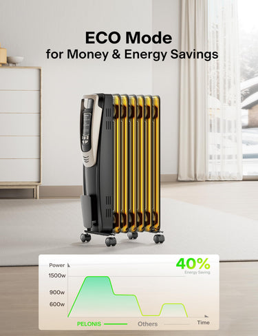 PELONIS Oil Filled Radiator, Electric Space Heater for Indoor Use Large Room with Thermostat & Remote, 3 Modes & 3 Heat Settings, ECO Mode, 24H Timer, Quiet, Overheat & Tip-Over Protection, 1500W Premium with LED Display Black